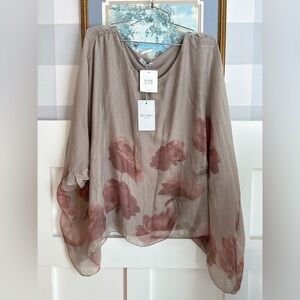 Italian Silk Blush Pink Floral Scoop-Neck Women's Blouse Medium